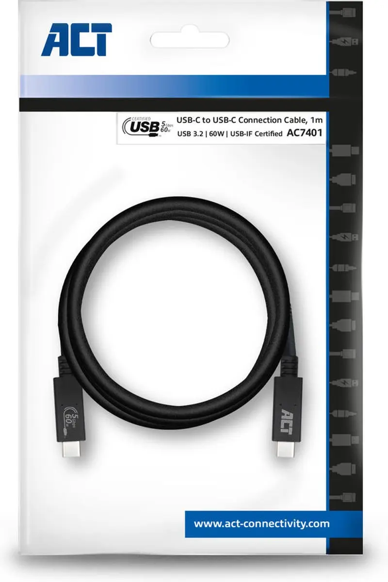 ACT Gecertificeerde USB-C Kabel AC7401 3.2 Gen1 - 1m - Zwart