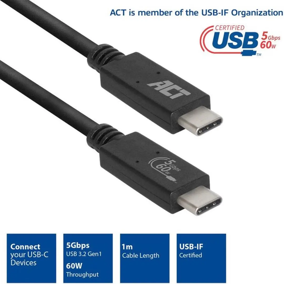 ACT Gecertificeerde USB-C Kabel AC7401 3.2 Gen1 - 1m - Zwart - afbeelding 6 van 6