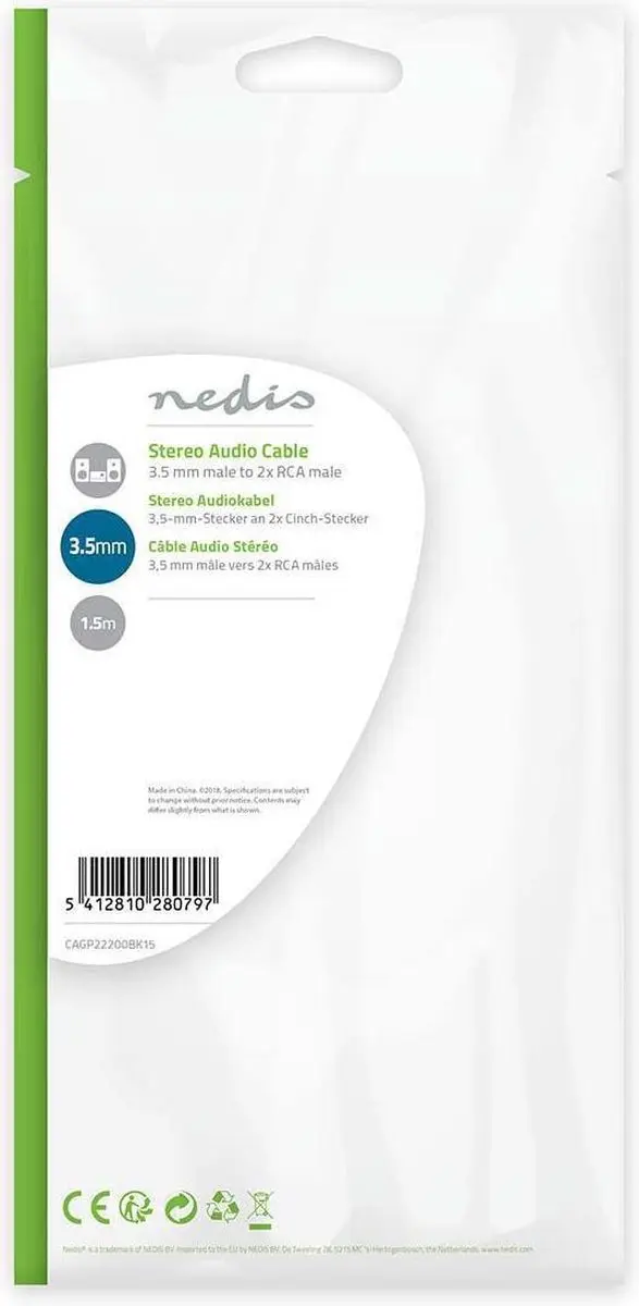 Nedis Stereo-Audiokabel 3,5mm Male naar 2x RCA Male 1,5m - Zwart