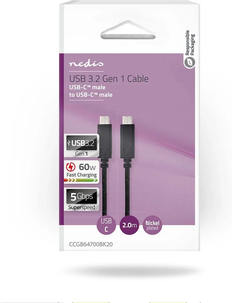 Nedis USB-C Kabel 60W 2m - USB 3.2 Gen 1 - Zwart