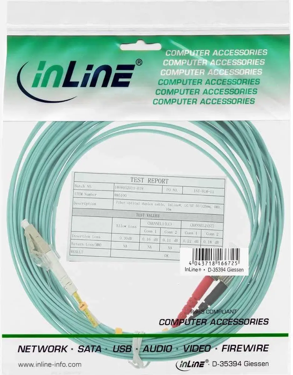 InLine LC-ST Duplex Glasvezelkabel OM3 7,5m - Blauw