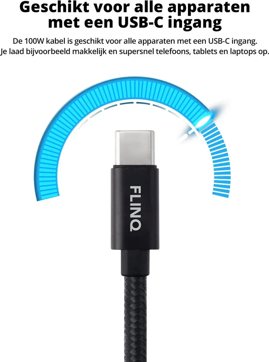 FlinQ 2x USB-C naar USB-C Kabel 100W - 2 Meter - Zwart