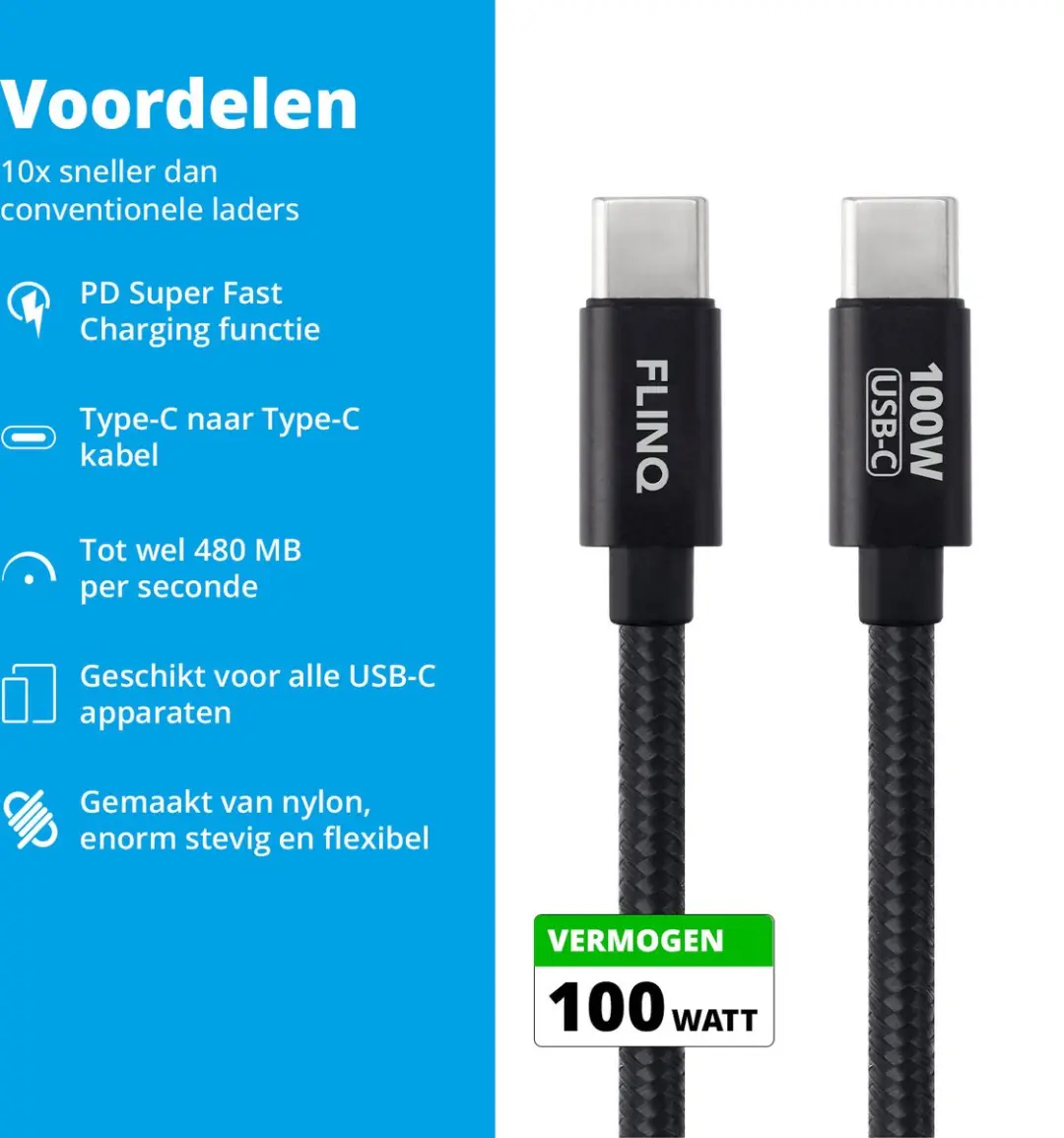 FlinQ 2x USB-C naar USB-C Kabel 100W - 2 Meter - Zwart