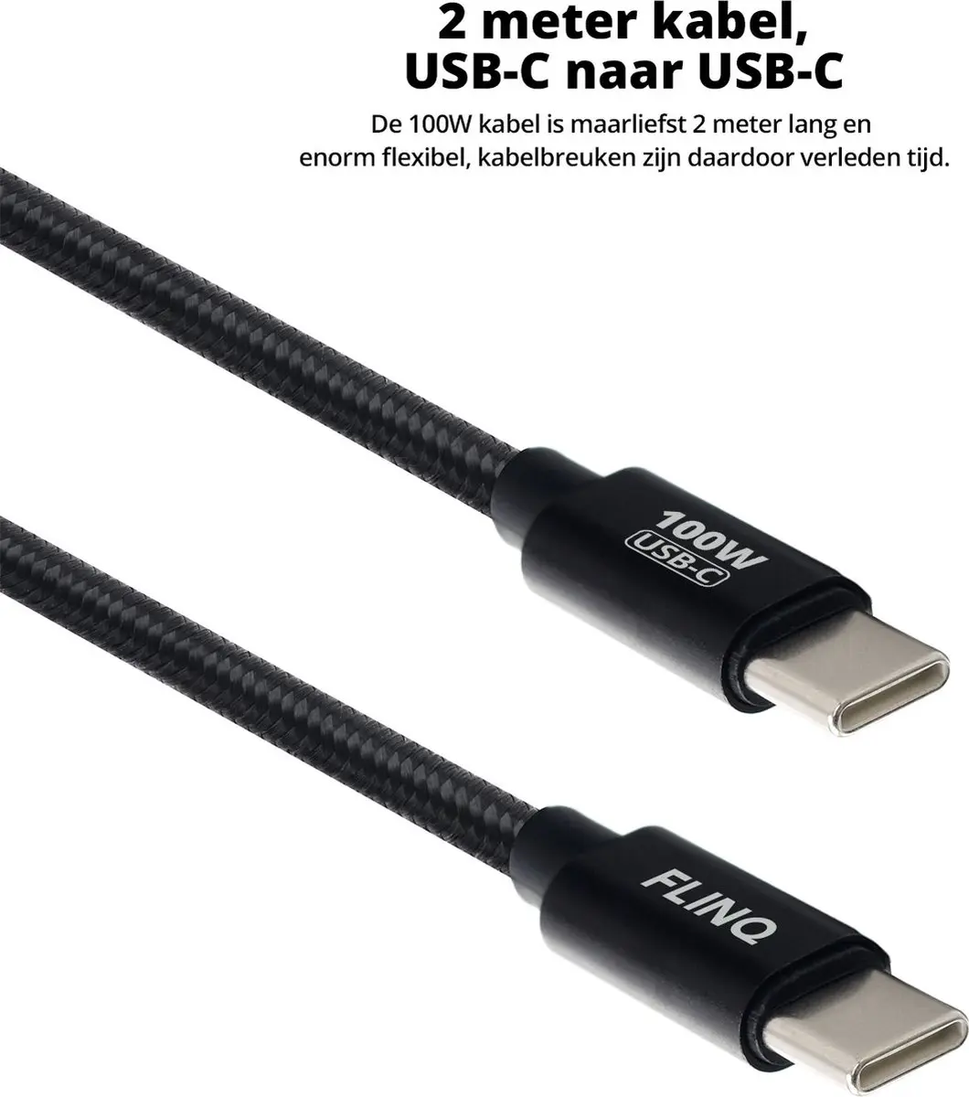 FlinQ 2x USB-C naar USB-C Kabel 100W - 2 Meter - Zwart - afbeelding 6 van 6