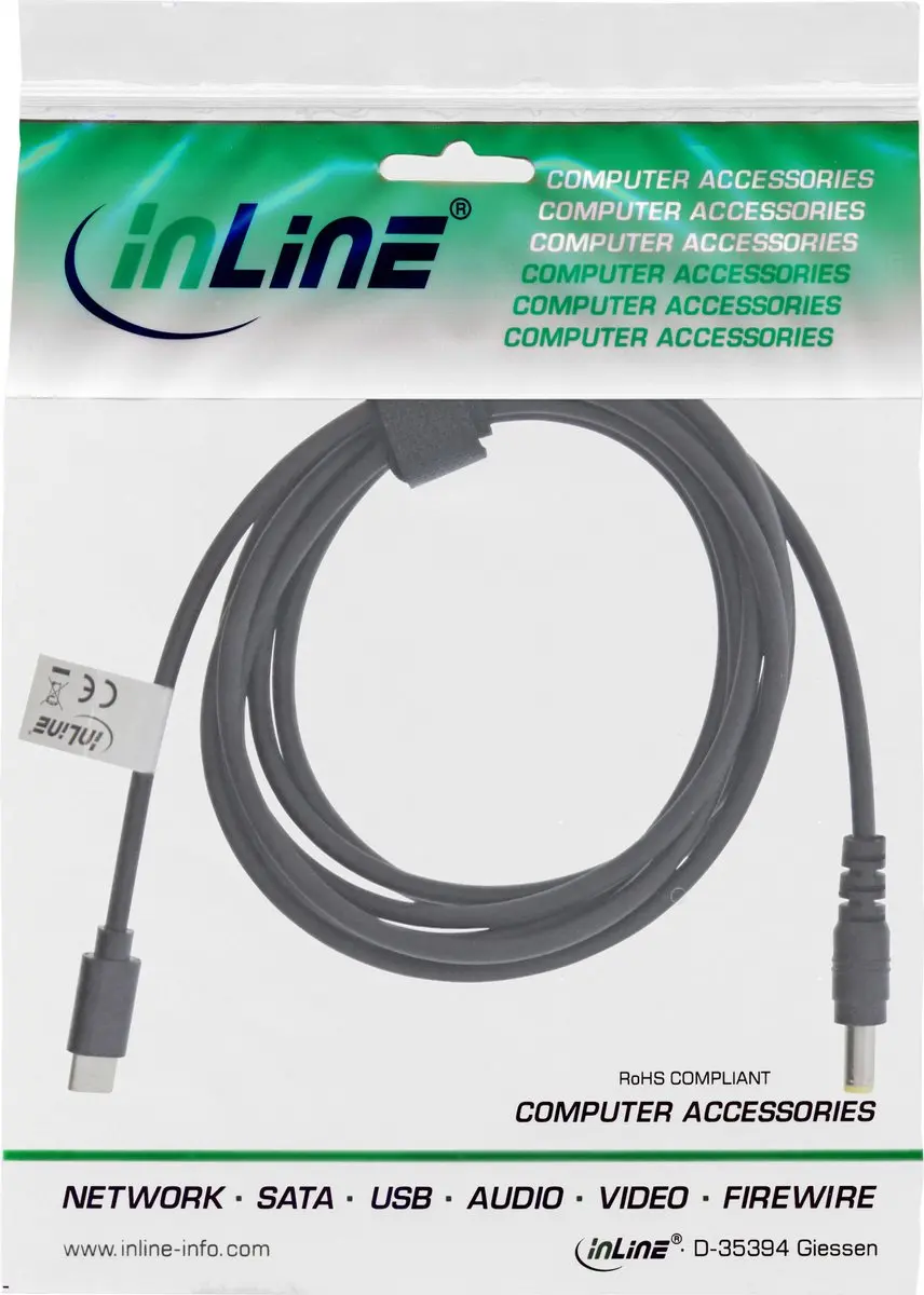 InLine USB-C naar 5,5x2,5mm Notebook Laadkabel 2m - Zwart
