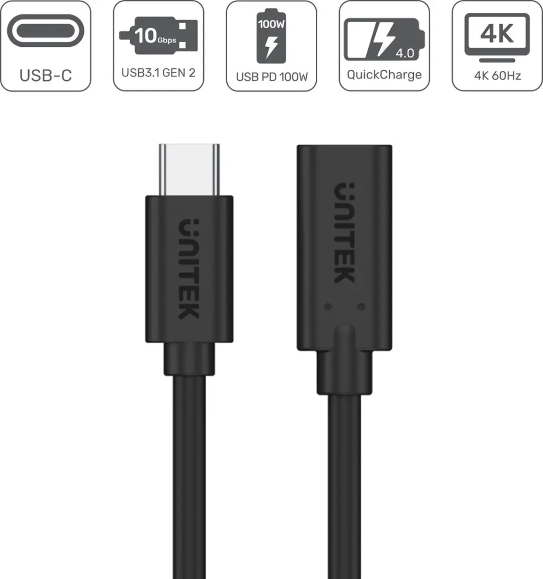 Unitek USB-C Verlengkabel 1,5M 10Gbps 100W - Zwart