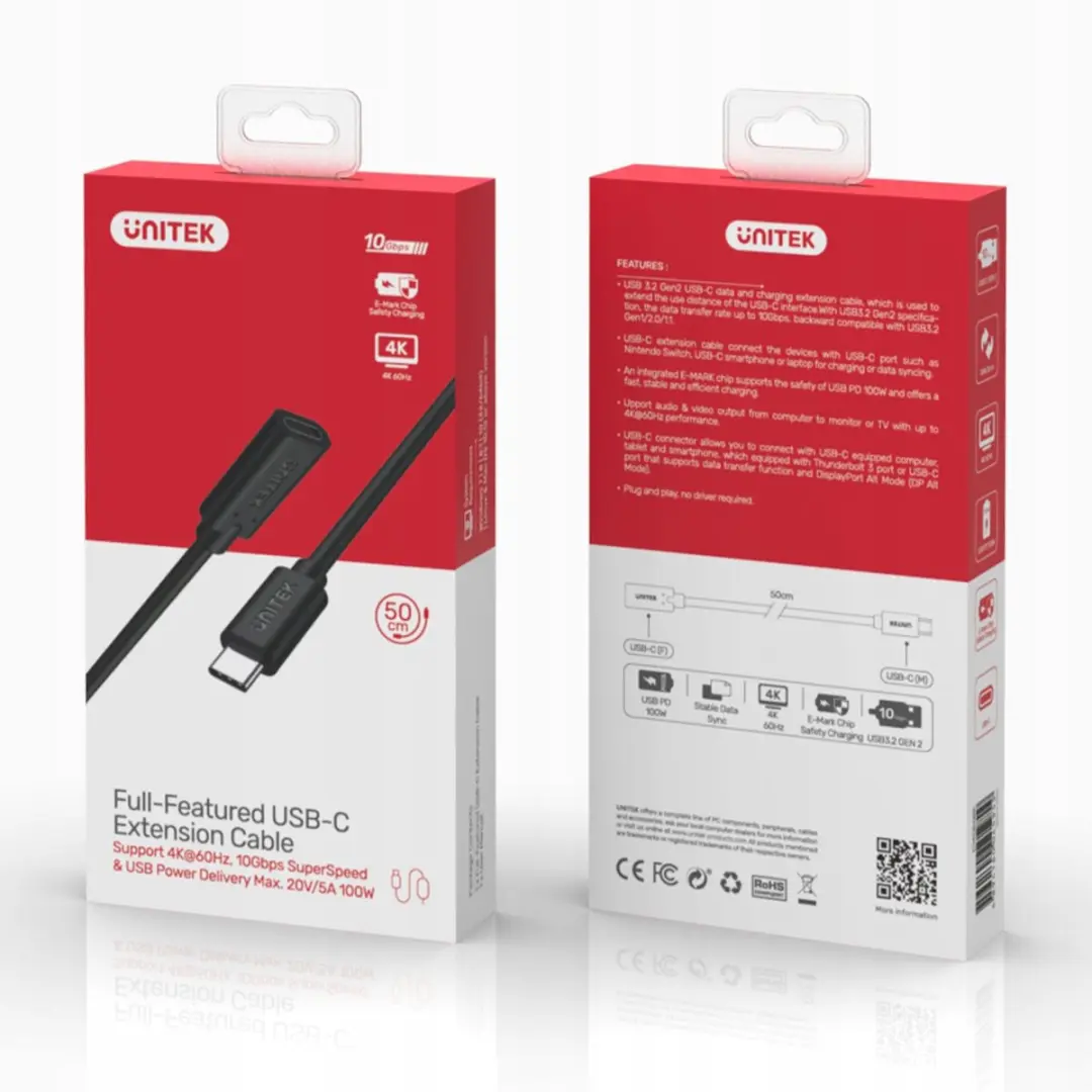 Unitek USB-C Verlengkabel 1,5M 10Gbps 100W - Zwart