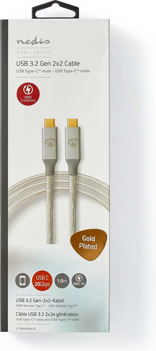 Nedis USB-C Kabel 100W 20Gbps 4K60Hz 1m - Verguld Zilver