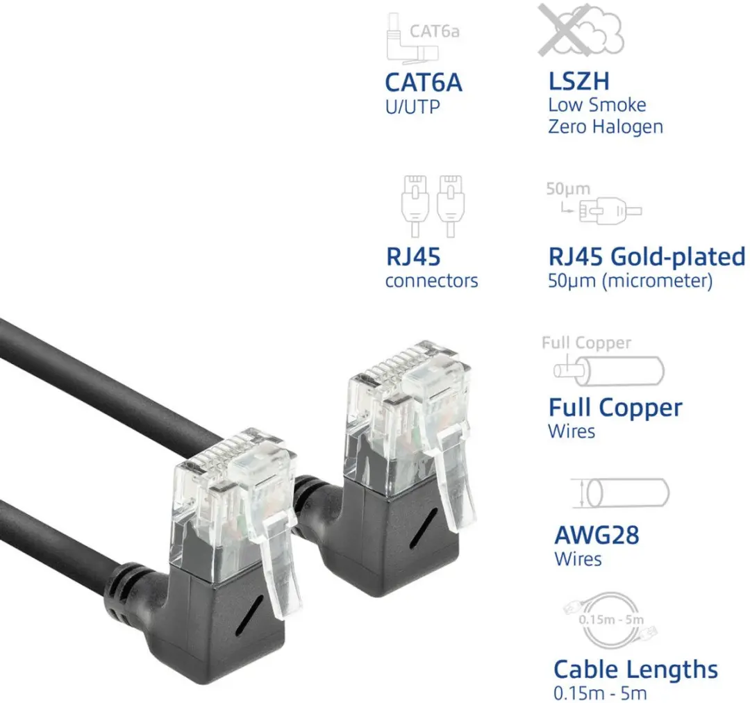 ACT DD6900 Patchkabel CAT6A U/UTP 0,5m - 90° haaks - Zwart
