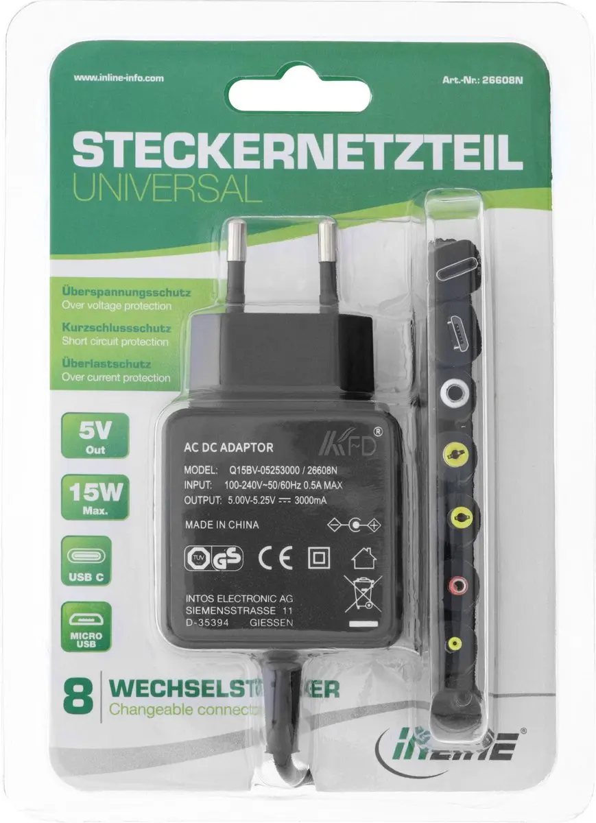 InLine Universele Voedingsadapter 5V 3A 15W - 8 Pluggen - 1,8m - Zwart