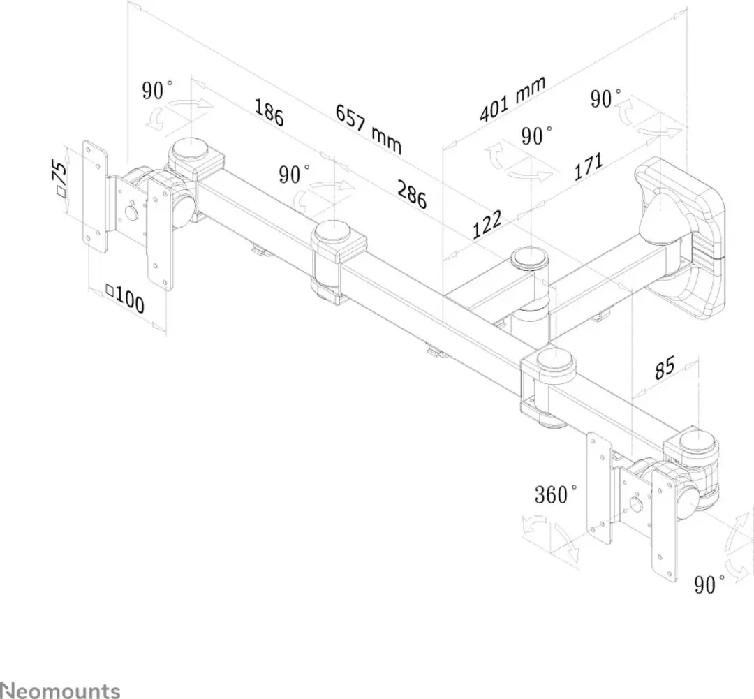 Neomounts FPMA-W960D Dual Monitorbeugel Wand - 10-27" - 2x 6kg - VESA 75x75-100x100 - Zwart