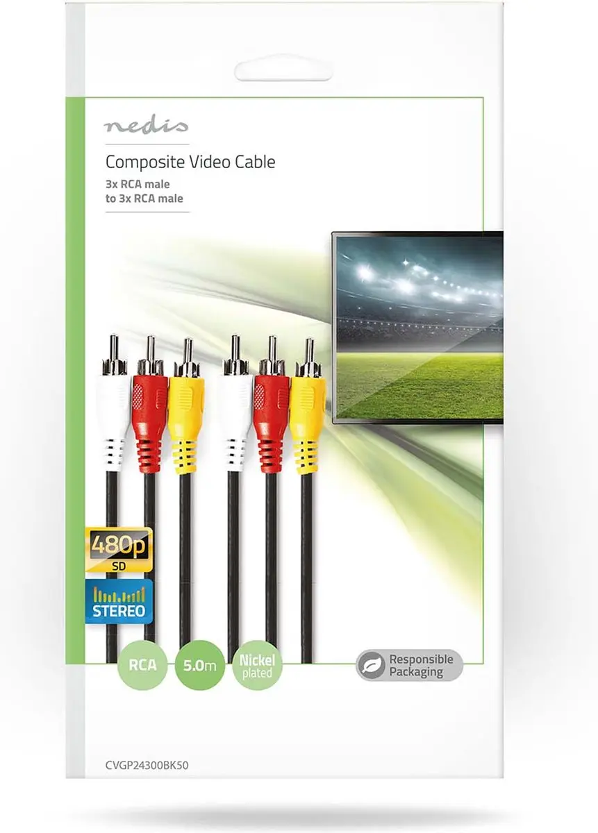 Nedis Composiet Videokabel CVGP24300BK50 - 5m - 3xRCA Male - Zwart