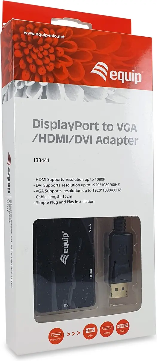 Equip 133441 Video Kabeladapter - DisplayPort/DVI-VGA/HDMI - 0,24m - Zwart