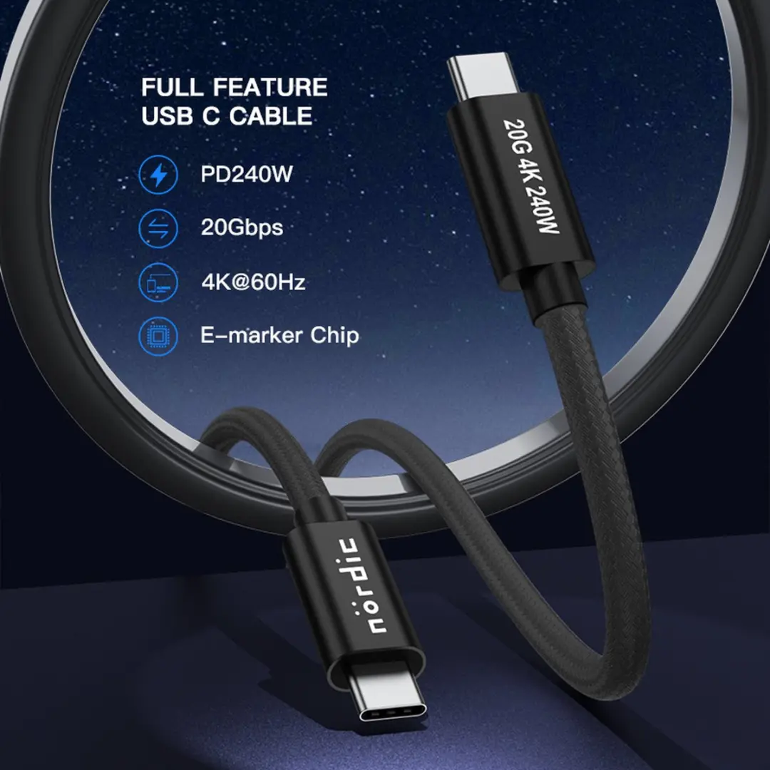 NÖRDIC USBC-N1606 USB-C Kabel 240W 20G - 50cm - Zwart