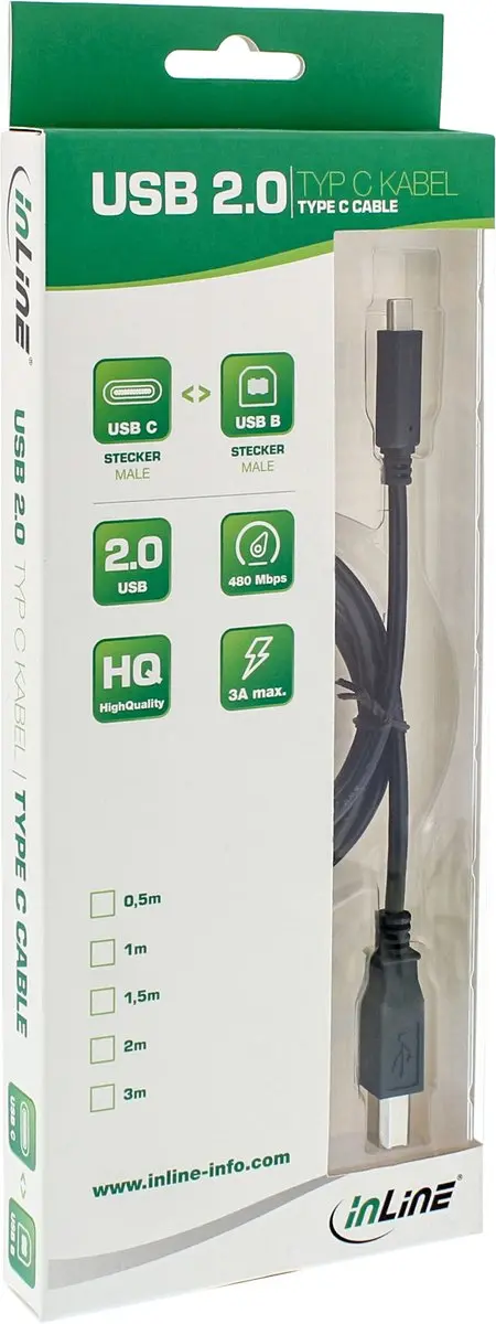 InLine USB-C naar USB-B Kabel USB2.0 2m - 3A - Zwart