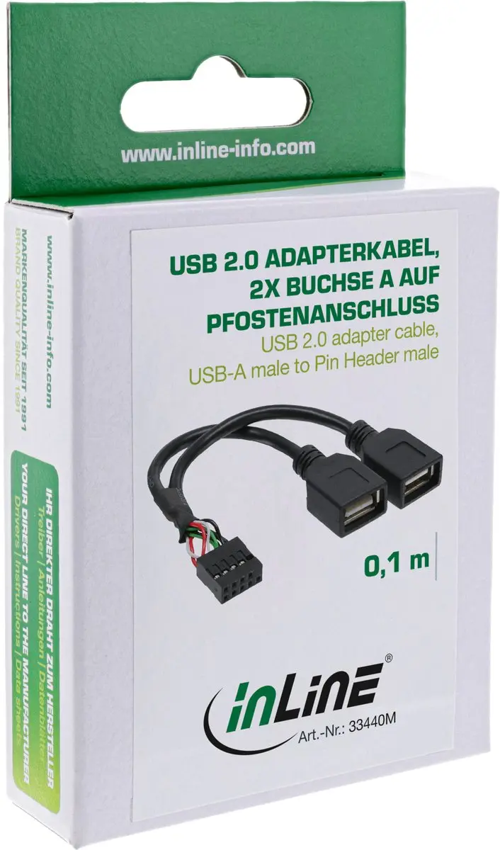 InLine Pin Header Adapter USB2.0 2x USB-A - 0,15m - Zwart