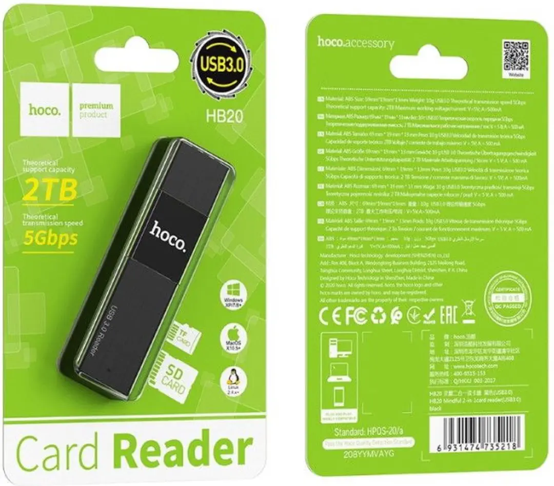 Hoco HB20+ USB 3.0 SD/MicroSD Kaartlezer - Zwart