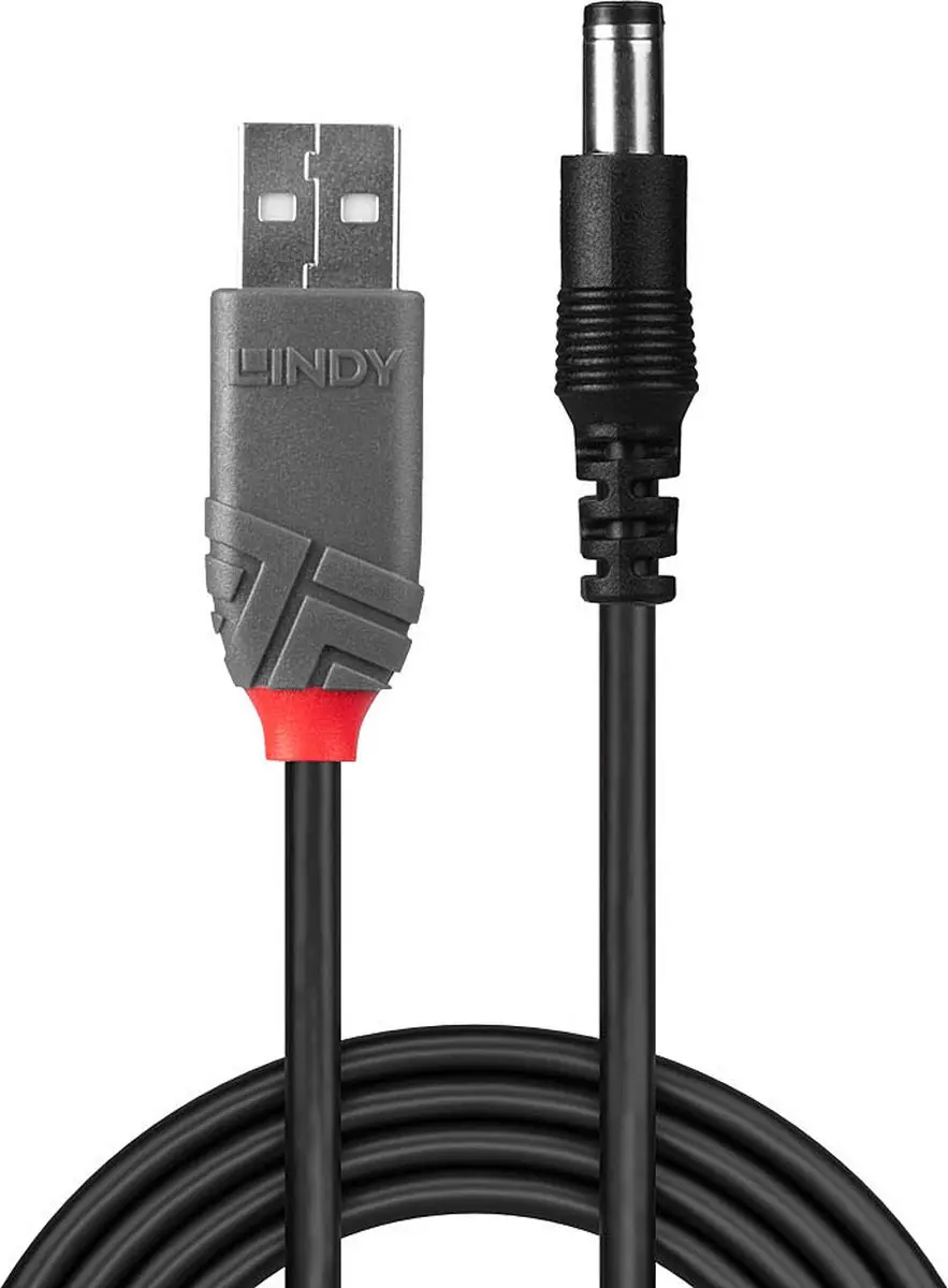 Lindy USB 2.0 USB-A naar DC 5,5mm Kabel 1,5m - Zwart