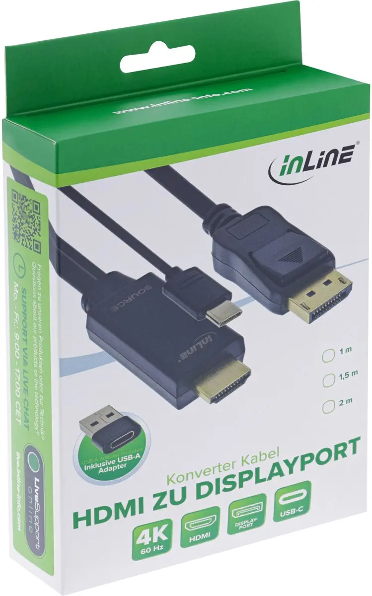 InLine HDMI naar DisplayPort Kabel 4K 60Hz - 1m - USB-C/USB-A Voeding