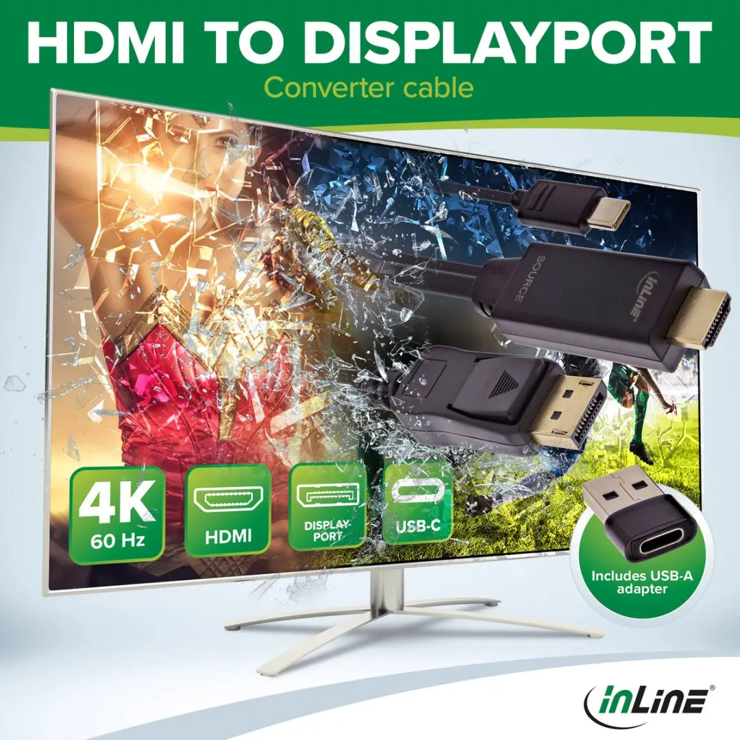InLine HDMI naar DisplayPort Kabel 4K 60Hz - 1m - USB-C/USB-A Voeding