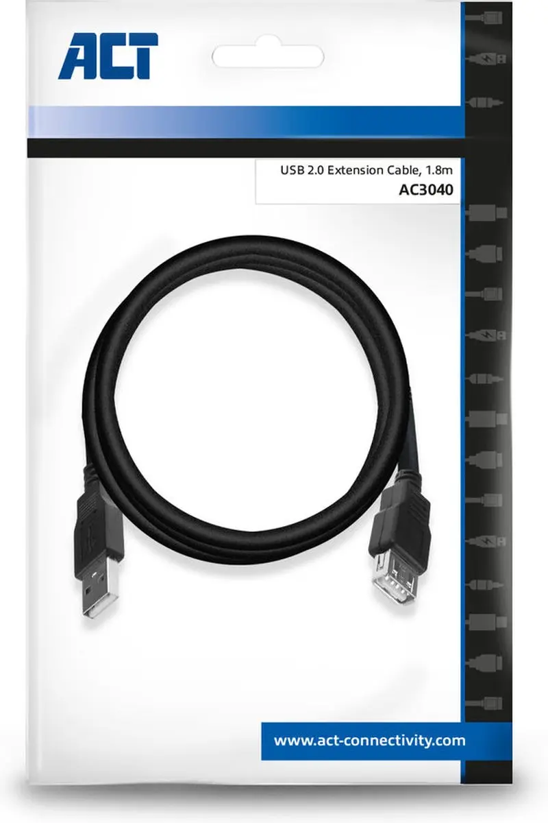 ACT AC3040 USB 2.0 Verlengkabel A male - A female 1,8m - Zwart