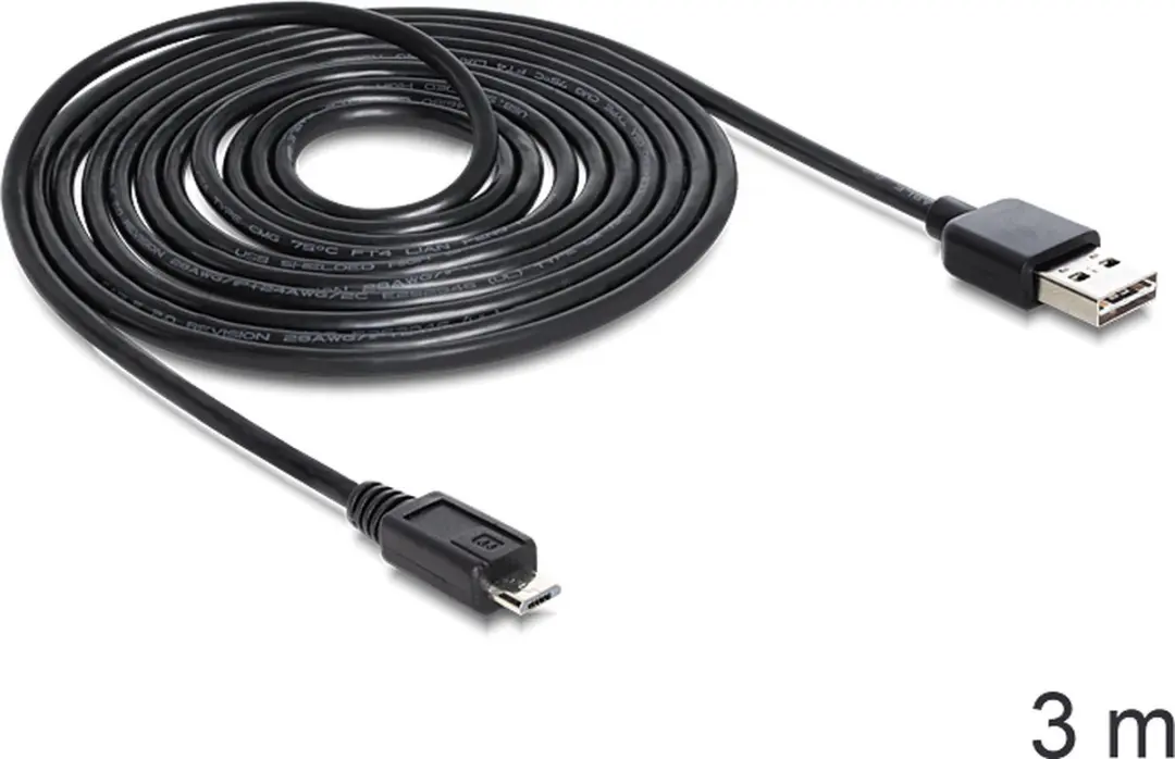 Delock USB 2.0 A Male naar Micro Male Kabel - 3m - Zwart