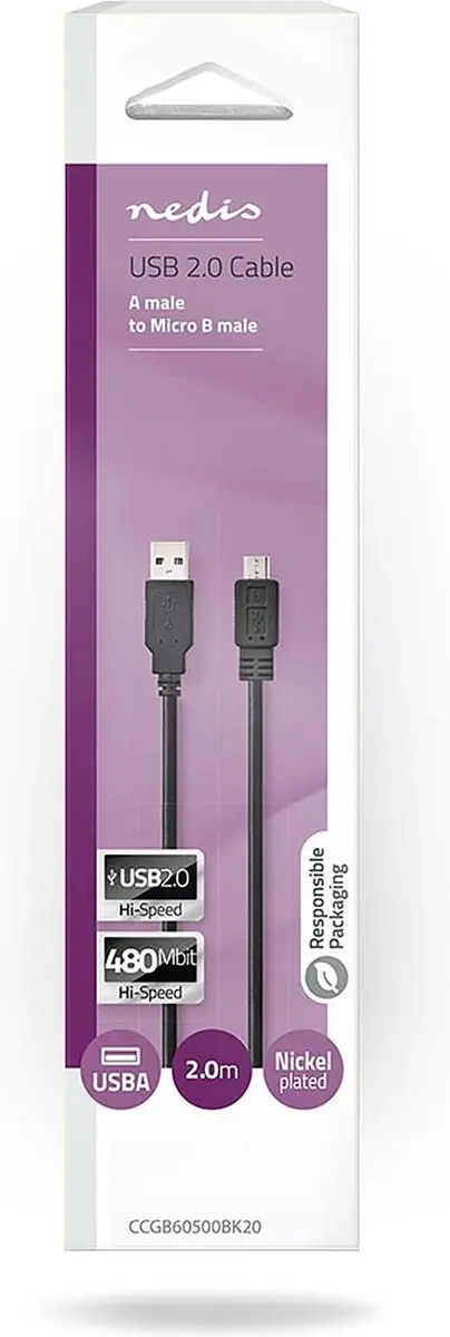 Nedis USB 2.0 A naar Micro-B Kabel 2m - 11W 480Mbps - Zwart - afbeelding 6 van 6