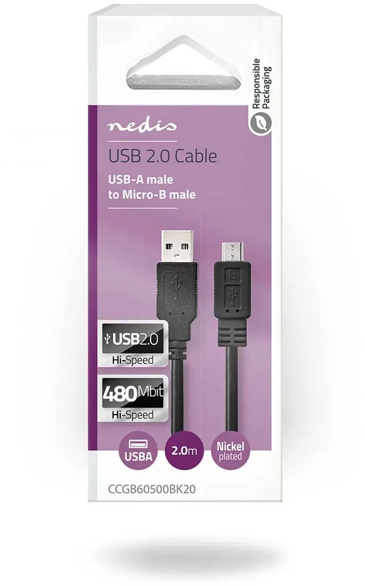 Nedis USB 2.0 A naar Micro-B Kabel 2m - 11W 480Mbps - Zwart