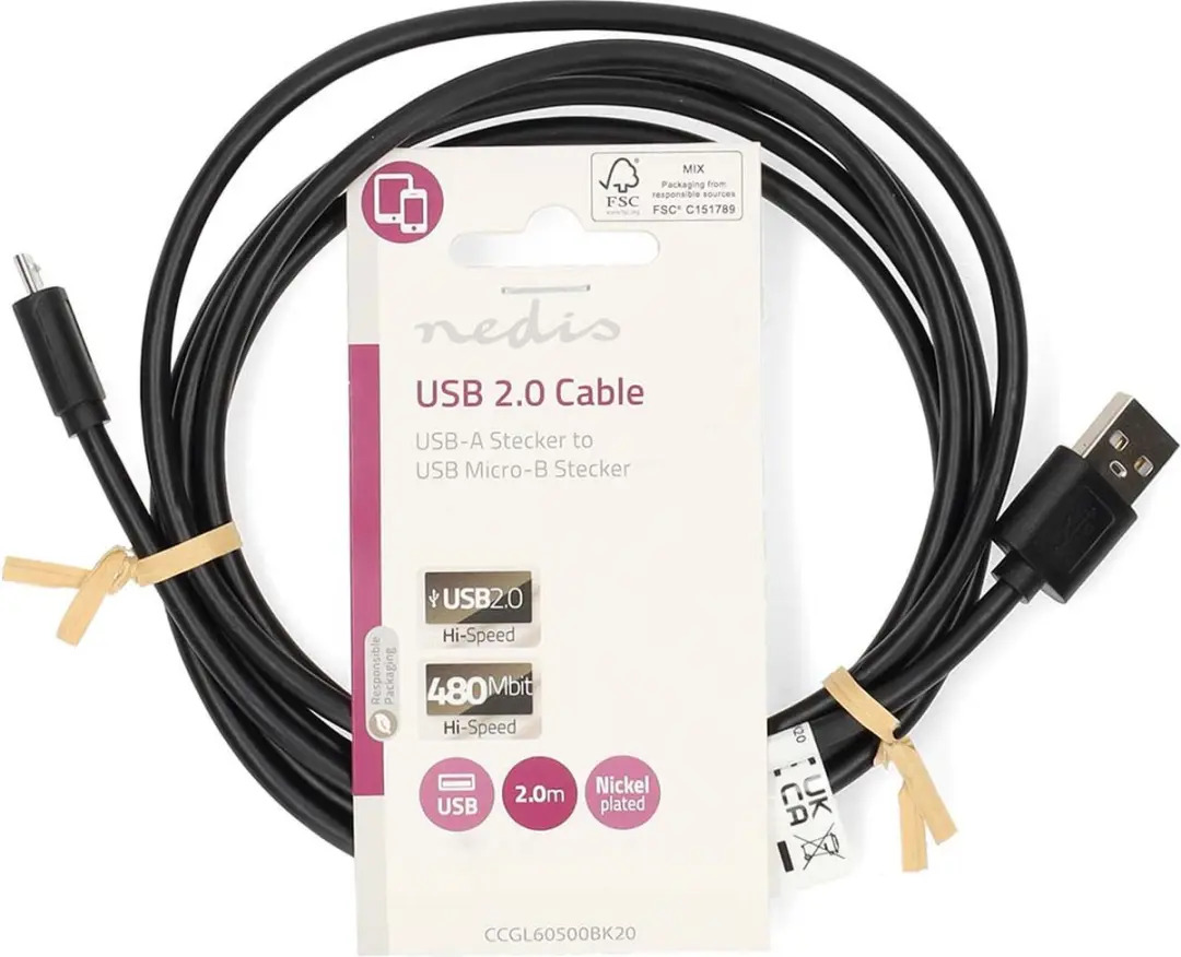 Nedis USB 2.0 A naar Micro-B Kabel 2m - 11W 480Mbps - Zwart