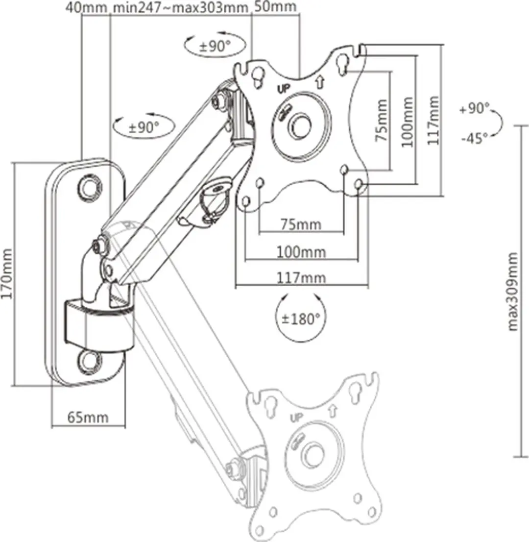 Gembird MA-WA1-01 Wandmontage Monitorarm 17-27" - 7 kg - Zwart