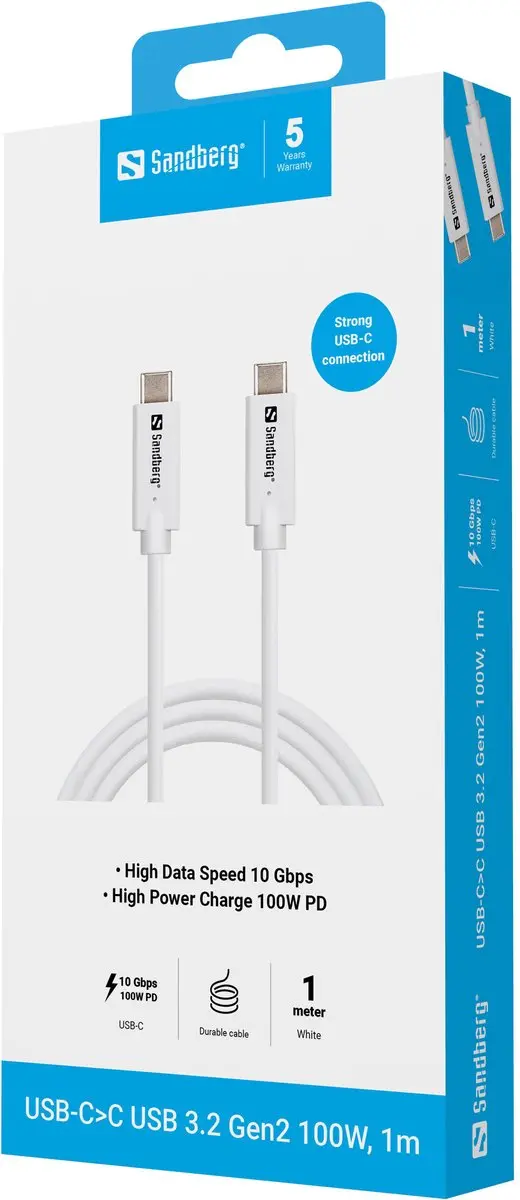 Sandberg 136-53 USB C Kabel 1m - Wit