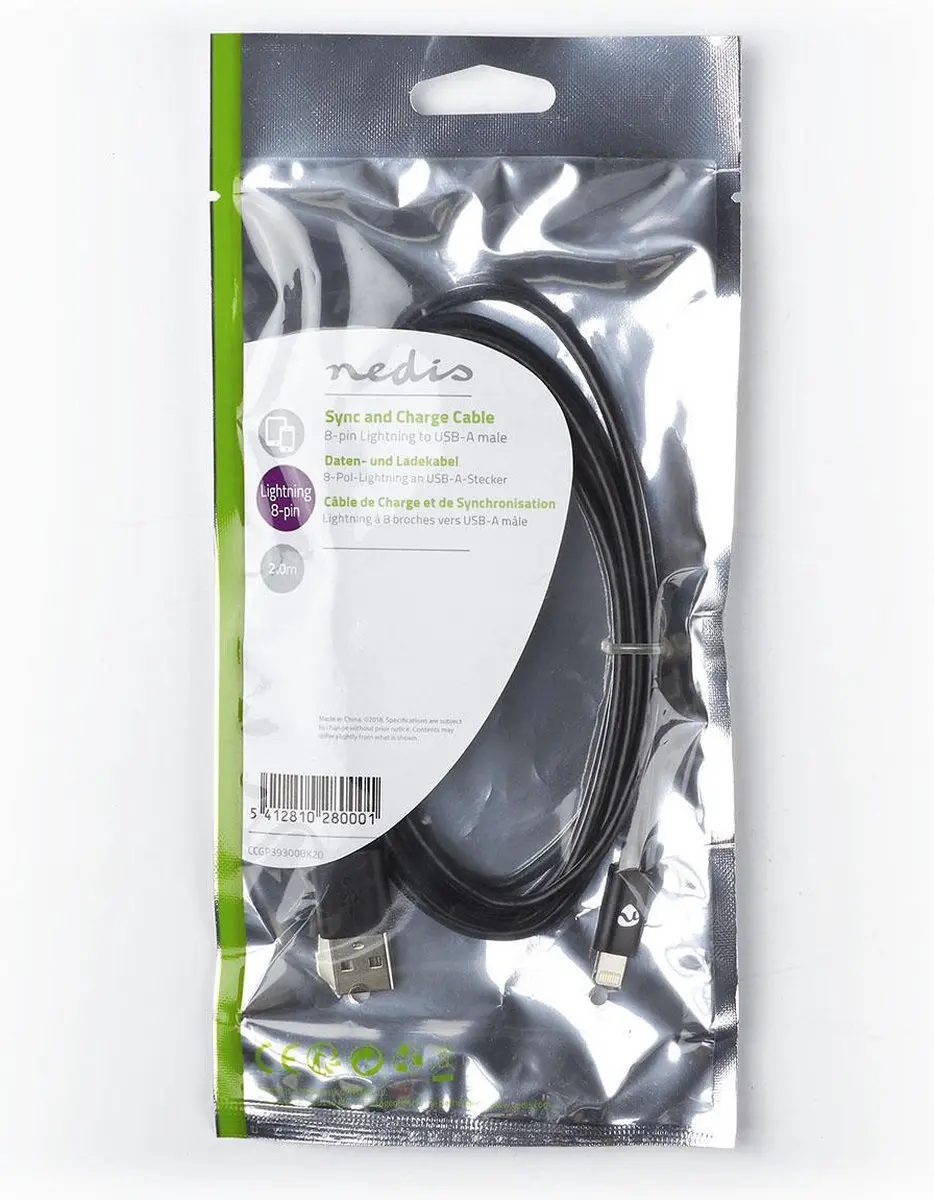 Nedis Lightning Kabel USB-A 2.0 2m - Zwart