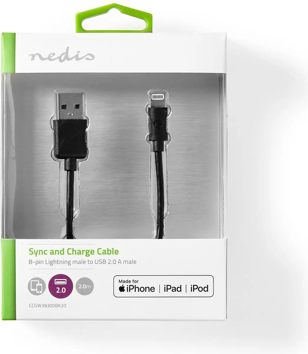 Nedis Lightning Kabel USB-A 2.0 2m - Zwart