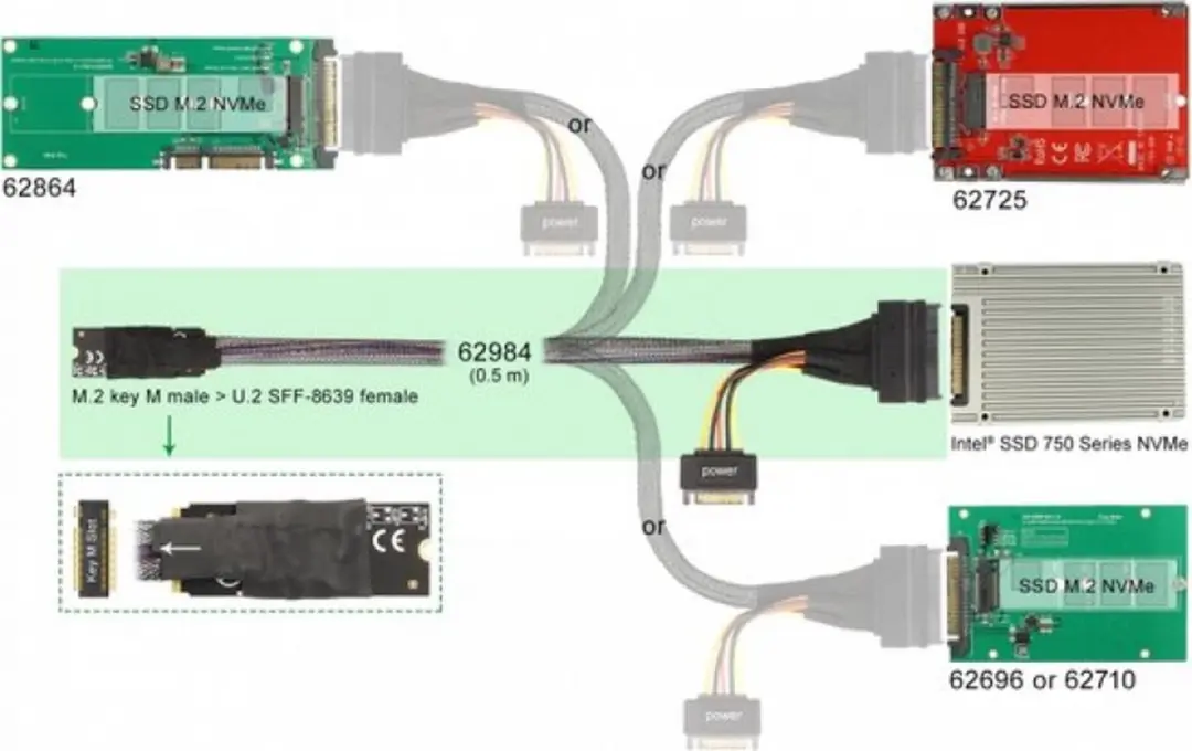 Delock M.2 Key M naar U.2 NVMe Adapter - 50cm Kabel - Zwart