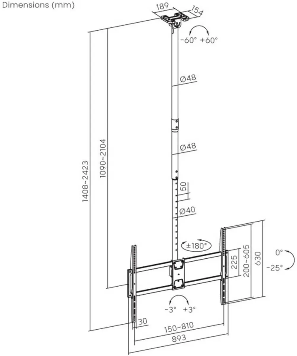 Reflecta PALLAS 100-8060T TV-plafondbeugel 254cm - Zwart
