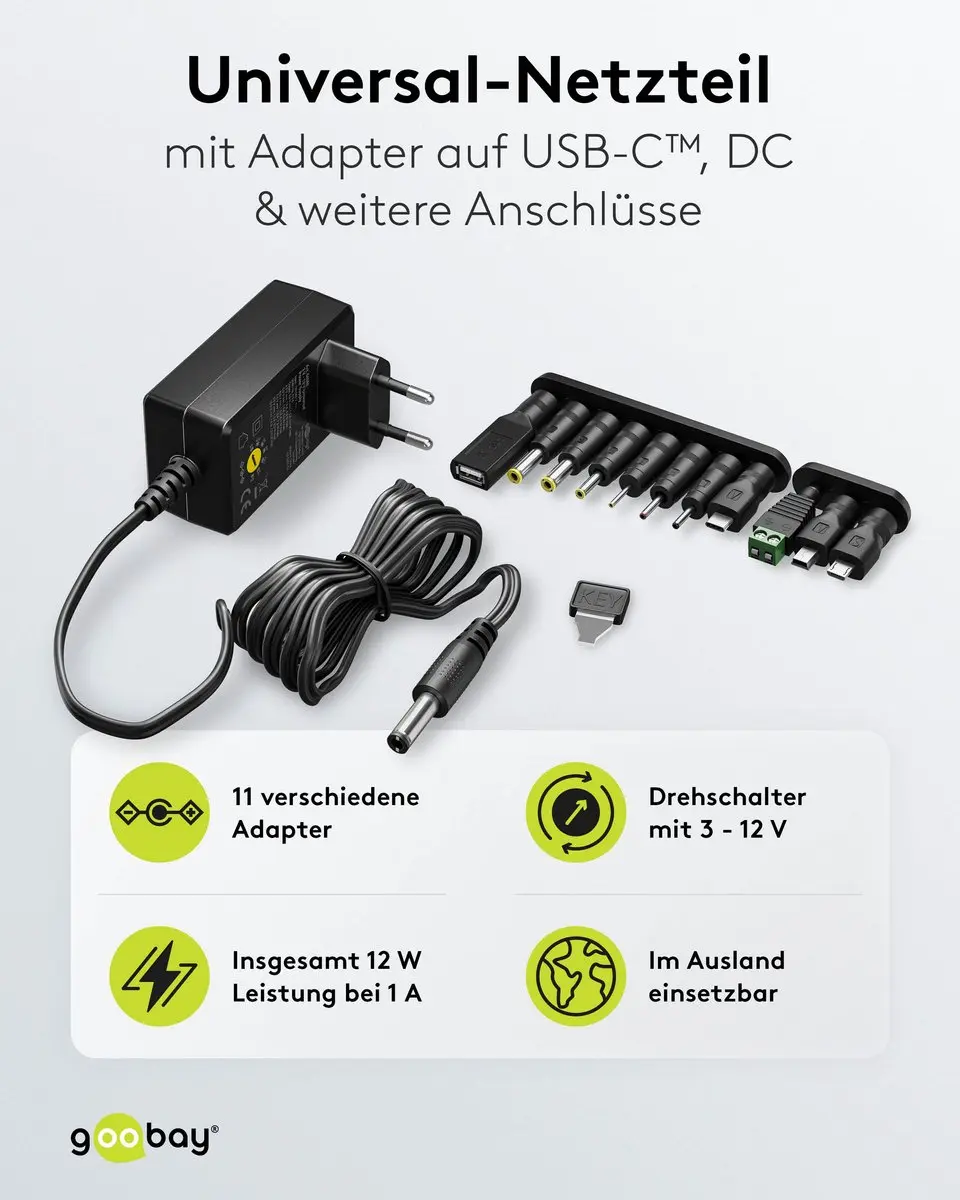 Goobay Universele Voedingsadapter 64568 - 12W - 11 Pluggen - Zwart