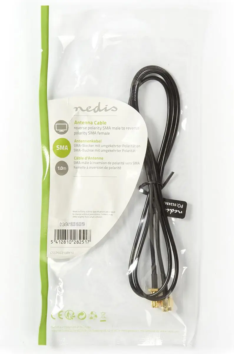 Nedis Antennekabel RP-SMA Male - RP-SMA Female 1m - Verguld - 50 Ohm - Zwart