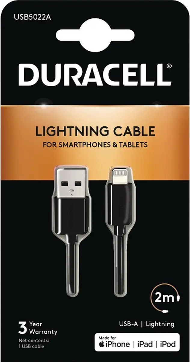 Duracell USB2.0 A Male naar Apple Lightning 2m - Zwart
