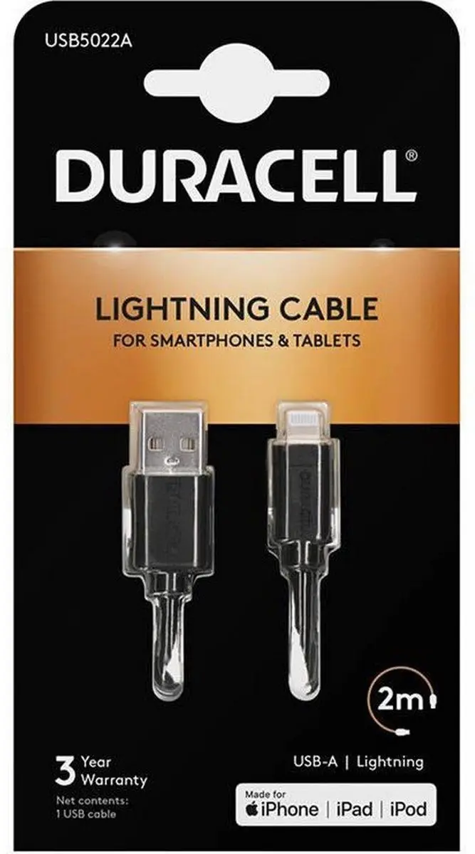 Duracell USB2.0 A Male naar Apple Lightning 2m - Zwart