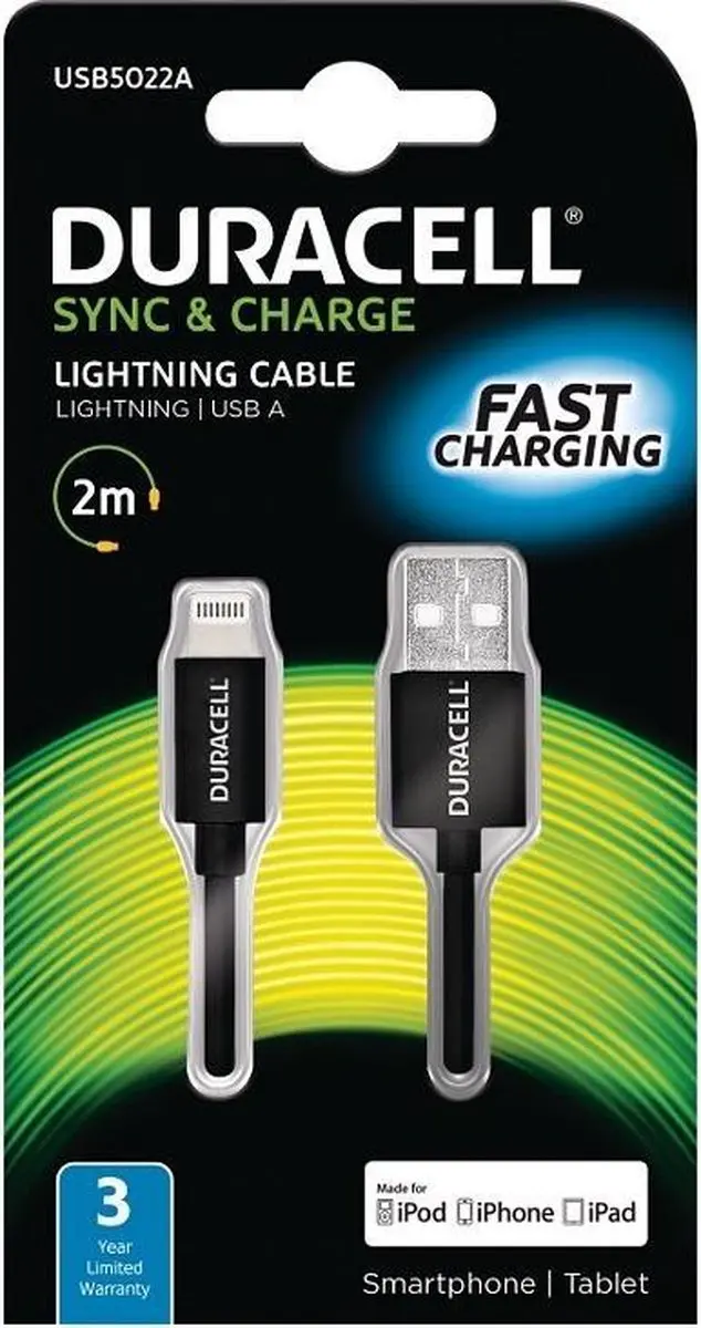 Duracell USB2.0 A Male naar Apple Lightning 2m - Zwart