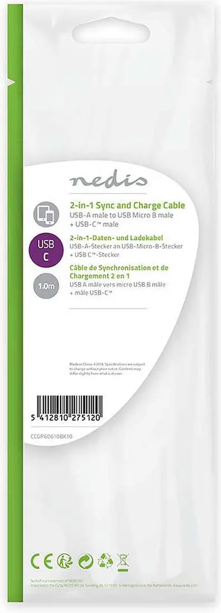 Nedis 2-in-1-Kabel USB 2.0 USB-A/USB Micro-B/USB-C 1m - Zwart