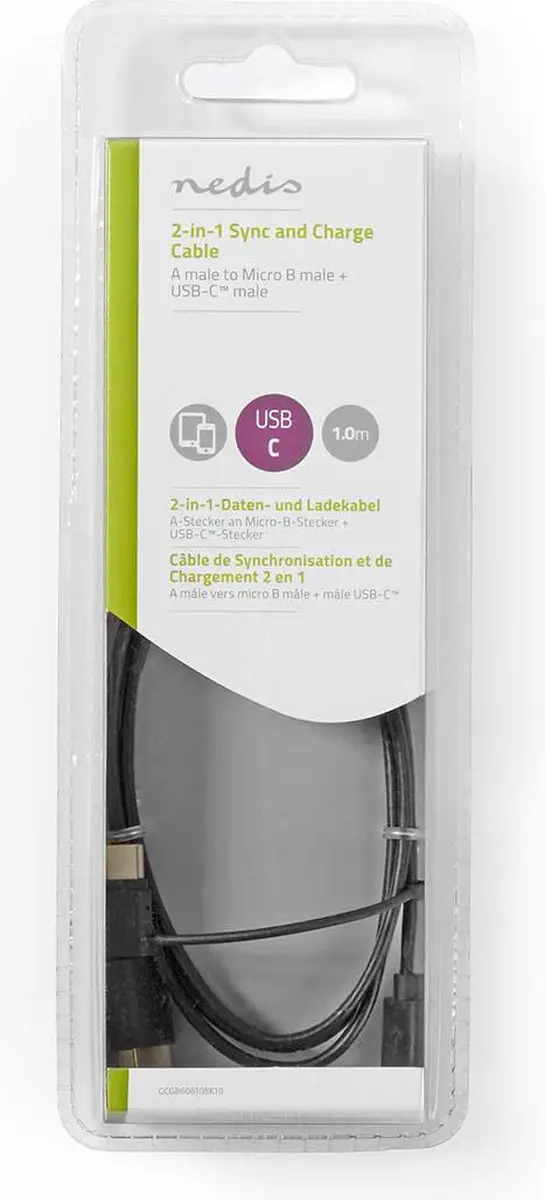 Nedis 2-in-1-Kabel USB 2.0 USB-A/USB Micro-B/USB-C 1m - Zwart