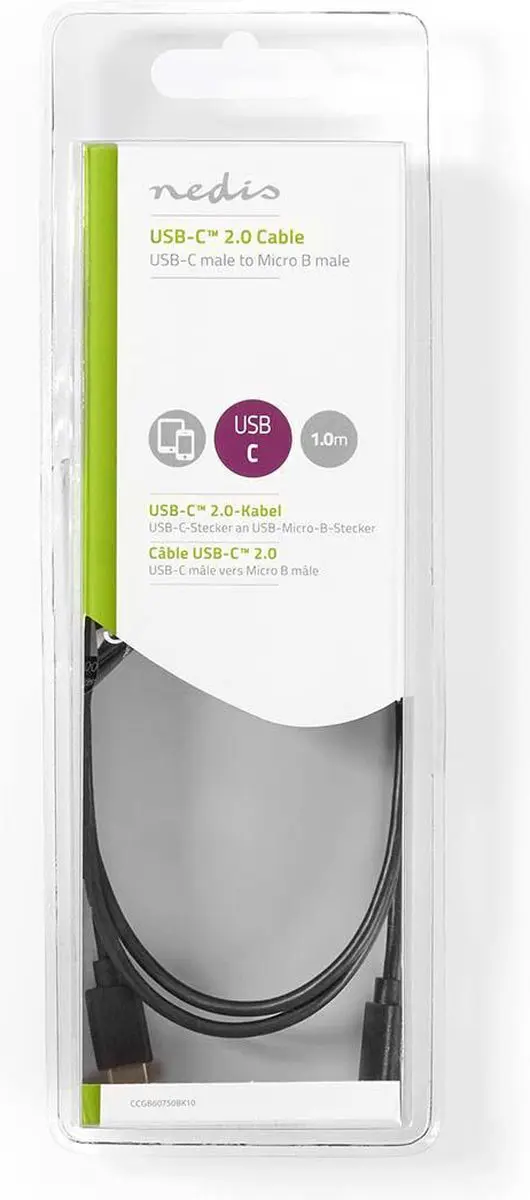 Nedis USB-C naar Micro-USB Kabel 60W 1m - Zwart
