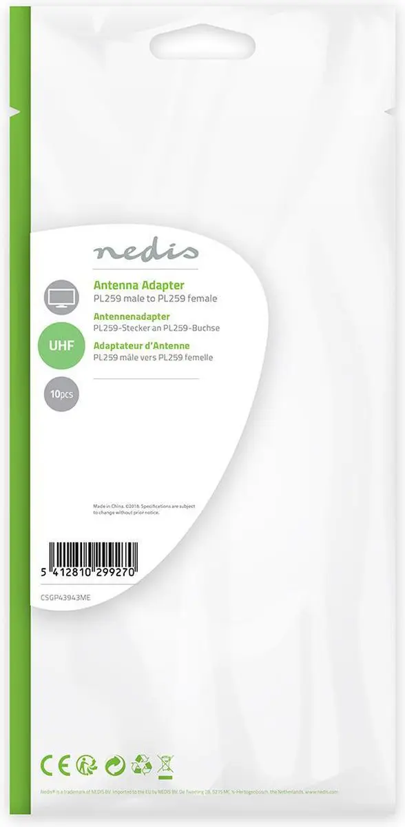 Nedis PL259 Adapter 75 Ohm - 90° Gehoekt - 10 Stuks