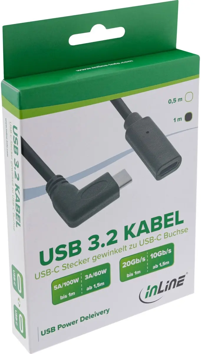 InLine USB-C Haaks Verlengkabel 3.0 - 1m - 20V/3A - Zwart