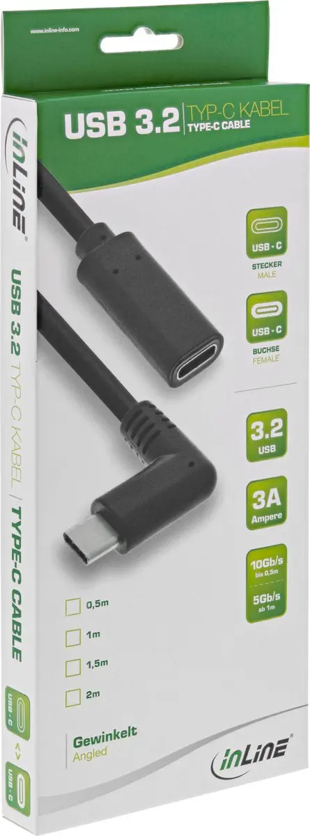 InLine USB-C Haaks Verlengkabel 3.0 - 1m - 20V/3A - Zwart