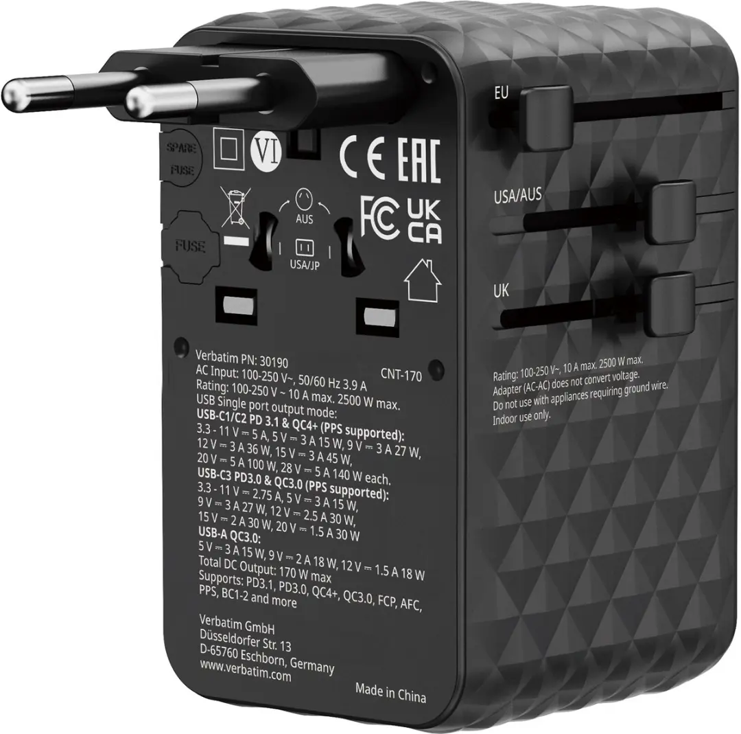 Verbatim VK VS Magsafe Adapter 170W - 2x USB-A 3x USB-C - Zwart