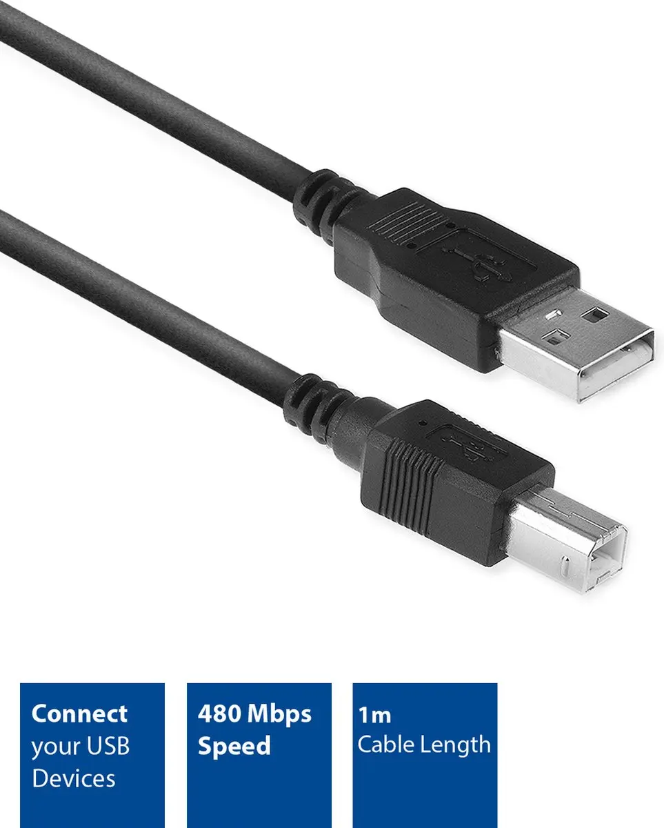 ACT AC3030 USB 2.0 Kabel A male - B male 1m - Zwart