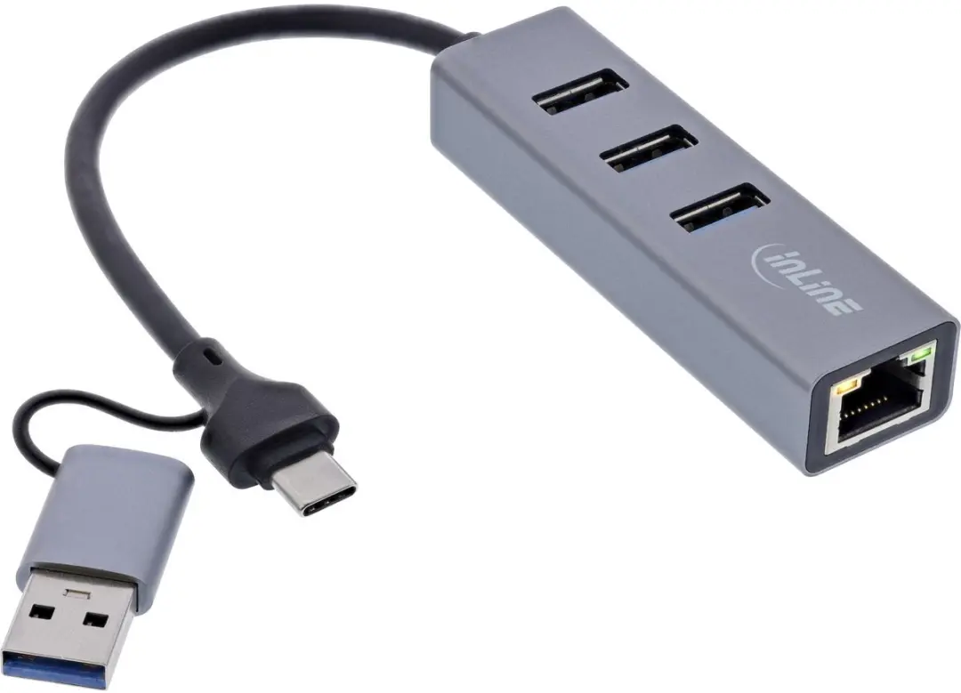 InLine USB-A/USB-C naar RJ45 + 3x USB-A Adapter