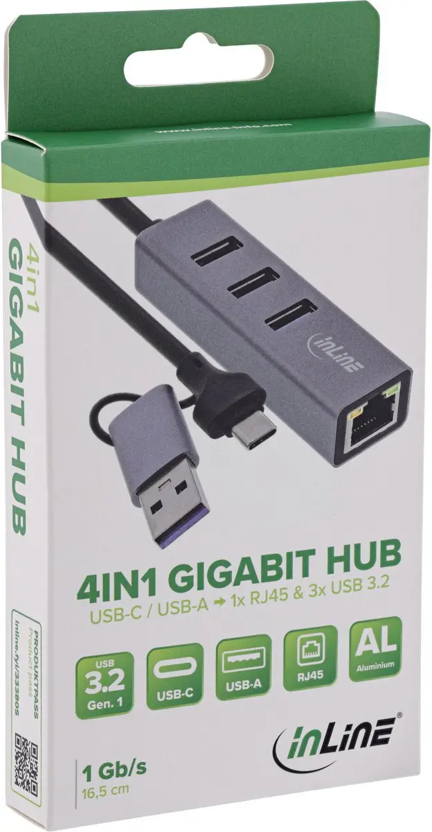InLine USB-A/USB-C naar RJ45 + 3x USB-A Adapter - CAT6 - Grijs